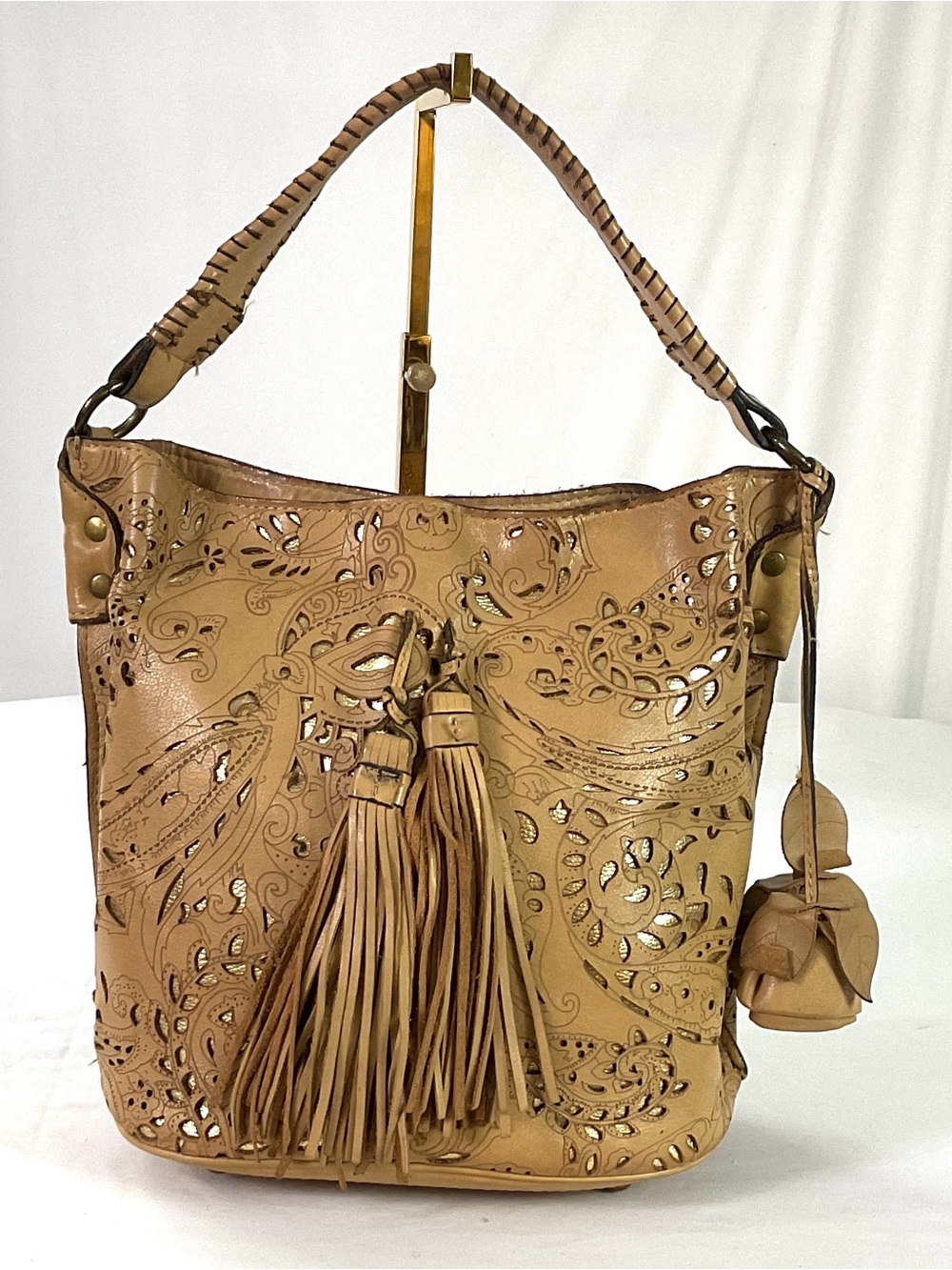 Tan Laser-Cut Hobo Shoulder Bag with Tassel Accent